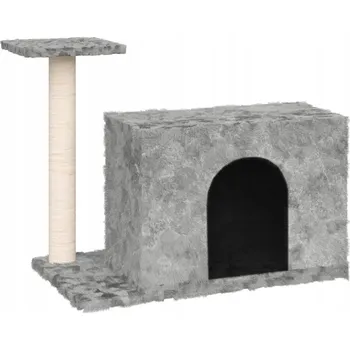 Škrabadlo pro kočky víceúrovňové s domečkem, plyšové, světle šedé, 66 x 40 x 51 cm