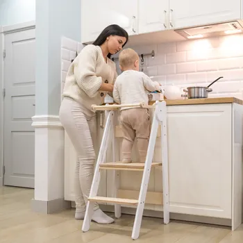 učicí věž Family-scl Skládací dětská učící věž-Bílá / Přírodní