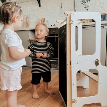 učicí věž Family-scl 4v1 Montessori učící věž se skluzavkou a tabulí-Bílá