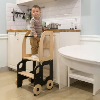 učicí věž Family-scl Montessori učící věž s motivem auta 3v1-Černá / Přírodní