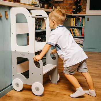 učicí věž Family-scl Montessori učící věž s motivem auta 3v1-Bílá / Šedá