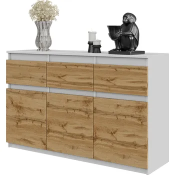 Komoda KOMODA NOAH 120 CM ŠIROKÁ, 3 ZÁSUVKY, 3 DVÍŘKA, 3 POLICE, BÍLÁ MATNÁ/WOTAN