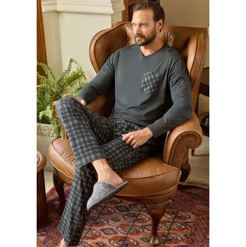 Pánské pyžamo Šedé i šedě karované pyžamo pro muže s náprsní kapsou 1P1792 vzorovaná s