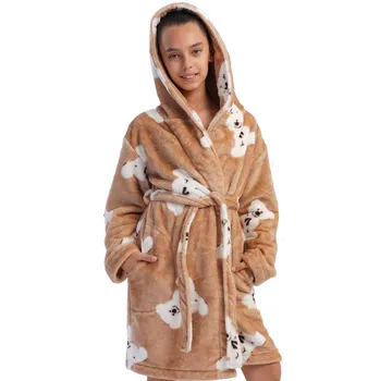 Dámský župan Hnědý huňatý extra teplý dívčí župan bílý plyšový medvídci 1T0467 hnědá 110-116-5-6-let