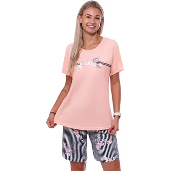 Dámské pyžamo Růžové modré i bíle pruhované pyžamo pro plnoštíhlé ženy či dívky s krátkou nohavicí lila květy TIME IS NOW 1B2006 modrá 5xl