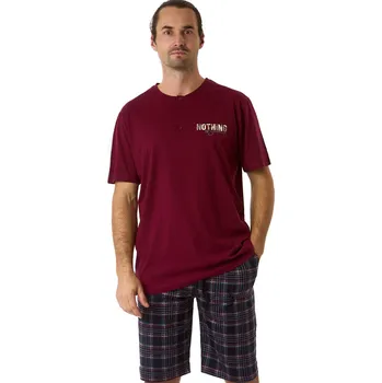 Pánské pyžamo Vínové a šedě kárované pánské pyžamo s krátkým rukávem a kraťasy - NOTHING 1P1966 vínová xxl