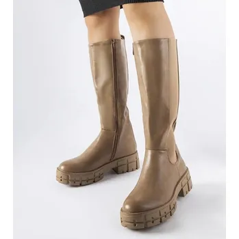 Dámské kozačky Kozačky Solea - hnědé- eko kůže- plochý podpatek, 38 i240_204721_2:38