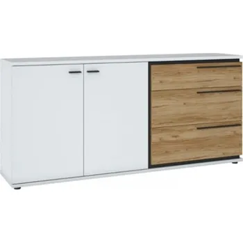 Komoda Široká komoda s dvířky a zásuvkami do obývacího pokoje Salinas - Meble Wojcik Bílá Alpská / Dub Catania / Černý Mat 183.1x85 cm
