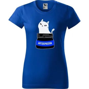 Dámské tričko DOBRÝ TRIKO Dámské tričko s potiskem s kočkou ANTIDEPRESIVA Barva: Královsky modrá, Velikost: 3XL