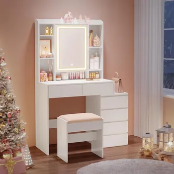 Toaletní stolek VASAGLE Toaletní stolek se stoličkou 6 zásuvek LED osvětlení bílá