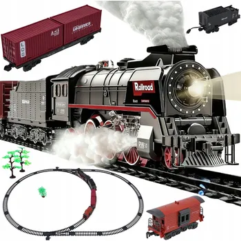 Vláček a vláčkodráha VELKÁ ELEKTRICKÁ ŽELEZNICE VLAK LOKOMOTIVA S VAGÓNY S KOUŘEM A ZVUKEM