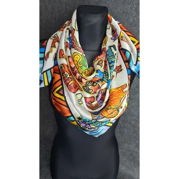 Šátek BoSETA S.r.l. Italy Dámský hedvábný šátek šála čtvercový bílý červený kočky kočičky bílá modrá 100% hedvábí