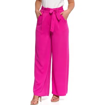 Dámské kalhoty ŠIROKÉ DÁMSKÉ KALHOTY ELEGANTNÍ S VÁZÁNÍM VISKÓZA MORAJ RŮŽOVÁ S