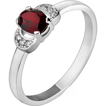 Prsten Zlatý prsten z bílého zlata s českým granátem a diamantem - ovál Velikost: 53