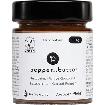 Pistáciové máslo s bílou čokoládou, malinami a Kampotským pepřem