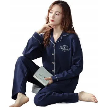 Dámské pyžamo BAVLNĚNÉ DVOUDÍLNÉ DÁMSKÉ PYŽAMO NA KNOFLÍČKY S DLOUHÝM RUKÁVEM MODRÉ XXL