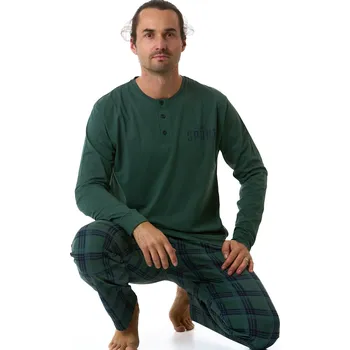 Pánské pyžamo Zelené a modře kárované pyžamo pro muže s propínáním u krku na knoflíky SPORT 1P1823 zelená s