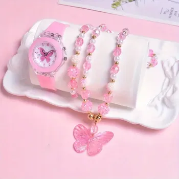 Hodinky Růžové svítící hodinky kabelka s motýlkem náramek pro dítě