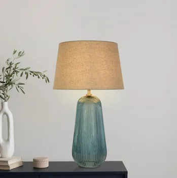 Lampička Searchlight EU44652AZ Velká stolní lampa CAMEO modré sklo &amp; stínidlo NATURAL