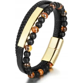 Náramek Kožený náramek Tygří oko a kovový prvek Zlatá barva