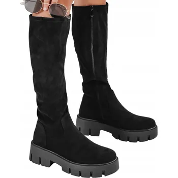 Dámské kozačky Dámské semišové kozačky na platformě černé ZY1103 - 38