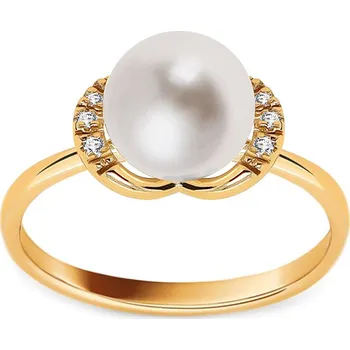 Prsten Elegantní perlový prsten s diamanty, žluté zlato FLBR019 + dárkové balení LUXUS zdarma