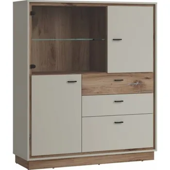 Komoda Prostorná prosklená komoda s dvířky a zásuvkami do obývacího pokoje a jídelny Rivero - Meble Wojcik Krémově Šedá / Tmavý Dub Flagstaff 123,7x143 cm