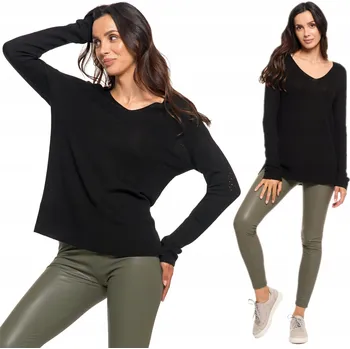 Dámský svetr DÁMSKÝ SVETR Z TENKÉHO ÚPLETU MORAJ VOLNÝ STŘIH VISKÓZA KLASICKÝ ČERNÝ XL