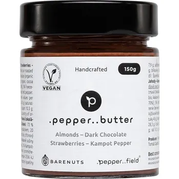 Cukrovinka Mandlové máslo s tmavou čokoládou, jahodami a Kampotským pepřem