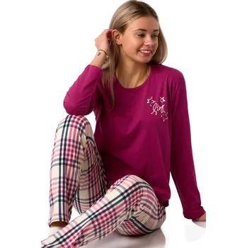 Dámské pyžamo Magentové bavlněné pyžamo s hvězdičkami a nápisem Stay 1B2338 vínová xxl