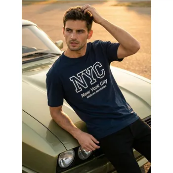 Oblečení a móda Sinsay - Bavlněné tričko s nápisem - námořnická modrá - 252HL-59X - 252HL-59X-2XL