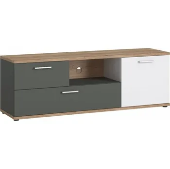 Televizní stolek Široký TV stolek se zásuvkami a uzavíratelnou skříňkou do obývacího pokoje Twenty - Meble Wojcik Šedý Grafit / Alá Bílá / Dub Honey Castello 150x50.8 cm
