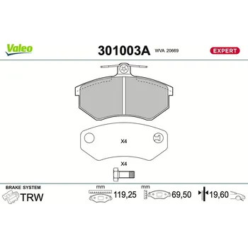 Brzdová destička Sada brzdových destiček, kotoučová brzda VALEO 301003A