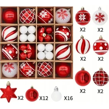 Vánoční dekorace VÁNOČNÍ VÁNOČNÍ BAŇKY , BÍLÉ A ČERVENÉ, VÁNOČNÍ STROMČEK 42 KS