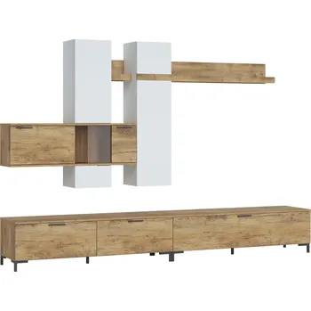 Obývací stěna Moderní obývací stěna s dvířky a závěsnými skříňkami do obývacího pokoje Alternative - Meble Wojcik Kaštan Breslau 300x202,6 cm