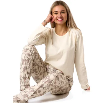 Dámské pyžamo Béžové dámské pyžamo s grafity koček - bavlna 1B2328 béžová xxl