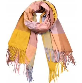 Šála Dámská kašmírová šála s vlnou, růžová šedá žlutá