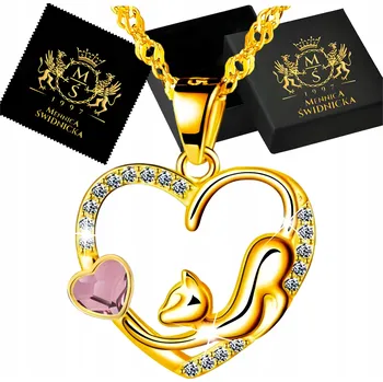 Náhrdelník Zlatý Náhrdelník Kočka Srdce Přívěsek Řetízek Stříbro 925 Dárek Pro Ženy