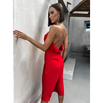 Dámské šaty Červené lesklé delší šaty MINTY s řetízkovými ramínky