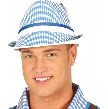Klobouk Bavorský klobouk šedý s pírkem a modro-bílou kostkou