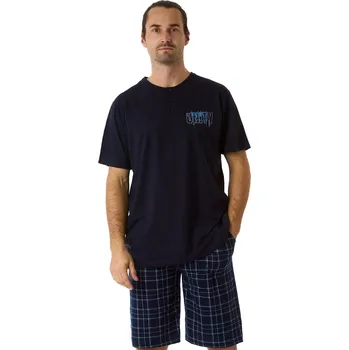 Pánské pyžamo Modré i kárované pánské pyžamo s krátkým rukávem a kraťasy s knoflíky u krku GRAFITY 1P1956 modrá xxl