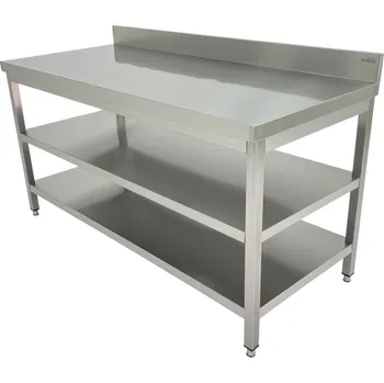 Dílenský stůl DASgastro Stůl pracovní nerezový s dvěma policemi a zadním lemem - 2,0 x 0,7 m