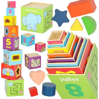 Dřevěná hračka Vzdělávací dřevěná věž, třídič tvarů, učení počítání 71 cm XXL