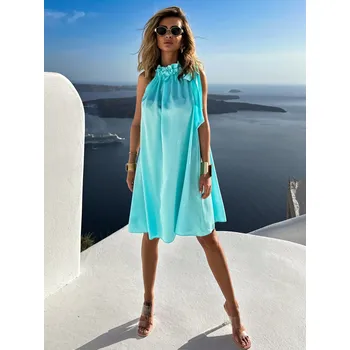 Dámské šaty Světle modré lesklé šaty BENJI s vázáním kolem krku