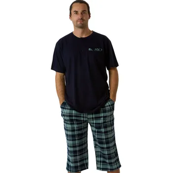 Modré a zeleně kárované pánské pyžamo s krátkým rukávem a delšími kraťasy s knoflíky u krku 1P1957 modrá 1xl