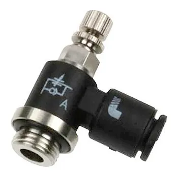 Ventil Pneumatický stavitelný škrtící ventil jednostranný výstupní banjo M5x0,8vně na hadičku 4mm Legris 7660 04 19