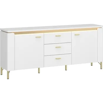Televizní stolek TV stolek Lazio - Meble Wojcik bílý lesk / alpská bílá / zlatá 155.3x70 cm