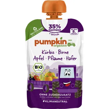 Pumpkin Organics BIO Zeleninové pyré - Dýně, hruška, jablko, švestka, oves, 8. měsíc, 100 g