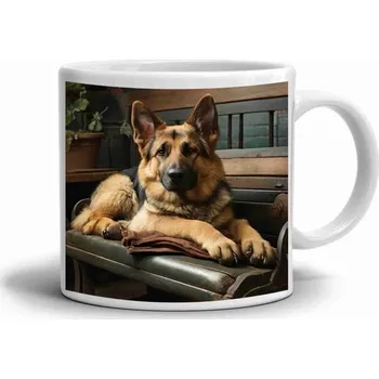 Bílý keramický hrnek 330ml s obrázkem - hrdý německý ovčák