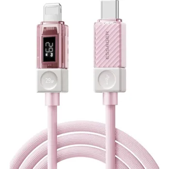 ESSAGER Crystal Clear opletený nabíjecí a datový kabel - USB-C na Lightning - 1 m - růžový